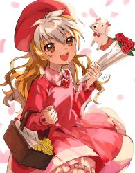 1boy amanogawa_ginga animal animal_in_clothes artist_name basket beret blonde_hair bouquet bow bowtie brooch brown_eyes collared_dress commentary crossdressing crossdressing_(mtf) dog dress falling_petals flower frills hands_up hat holding holding_basket holding_bouquet holding_picnic_basket jewelry jinzou_konchuu_kabutoborg_vxv kuroda_(kuro_yyy) long_hair looking_at_viewer male_focus multicolored_hair official_alternate_costume open_mouth petals picnic_basket pink_petals pleated_skirt red_bow red_dress red_flower red_hat red_rose red_skirt rose signature simple_background skirt smile solo standing symbol-only_commentary teeth trap two-tone_hair upper_teeth_only white_background white_dog white_hair yellow_flower
