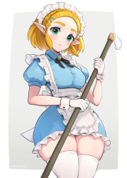 absurdres alternate_costume apron blonde_hair elf enmaided gloves gonzarez hair_ornament hairpin highres looking_at_viewer maid maid_apron maid_headdress nintendo pointy_ears princess_zelda short_hair simple_background skindentation solo the_legend_of_zelda the_legend_of_zelda:_tears_of_the_kingdom thick_eyebrows thick_thighs thighhighs thighs white_gloves white_thighhighs wide_hips