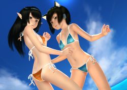 2girls 3d android animal_ears bikini black_eyes black_hair butt_crack cat_ears cloud day elf highres long_hair multiple_girls ocean phantasy_star phantasy_star_online_2 pointy_ears robot_ears sawanoya sky string_bikini swimsuit twintails