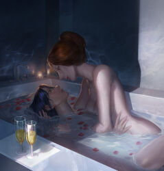 absurdres age_difference aggurago bathtub blue_hair breasts brown_eyes brown_hair candle commentary_request completely_nude eye_contact glass gundam gundam_gquuuuuux highres indoors korean_commentary kycilia_zabi lips long_hair looking_at_another mature_female medium_breasts nude nyaan_(gundam_gquuuuuux) partially_submerged petals yellow_eyes