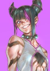 1girl black_hair breasts collar hair_horns hair_over_one_eye han_juri looking_at_viewer mana30row multicolored_hair purple_eyes short_hair smile solo spiked_collar spikes street_fighter