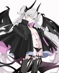 1girl black_jacket black_panties boots breasts fate/grand_order fate_(series) highres horns jacket looking_at_viewer naked_jacket navel ordeal_call_servant_(female) panties solo thigh_boots topless_female twintails underwear white_background white_hair wings yamamon_0 yellow_eyes