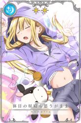 1girl black_shorts blonde_hair card_(medium) closed_eyes cowboy_shot day drooling frilled_shirt frills game_cg hair_spread_out hood hood_up hooded_jacket jacket jar lens_flare light_blush light_particles long_hair long_sleeves low_twintails lying magia_record:_mahou_shoujo_madoka_magica_gaiden mahou_shoujo_madoka_magica midriff_peek mitsuki_felicia navel official_art on_back on_bed open_mouth palms picture_frame pillow pom_pom_(clothes) purple_jacket shirt shorts sleeping solo star_(symbol) studio_shaft stuffed_cow sunlight translated twintails white_shirt zipper zipper_pull_tab
