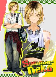 Rule 34 | 1boy, black shoes, blonde hair, brown hair, closed mouth, crossed arms, denim, english text, full body, haikyuu!!, headphones, highres, jeans, kozume kenma, looking at viewer, looking to the side, male focus, medium hair, multicolored hair, multiple views, pants, red sleeves, shirt, shoes, sneakers, tuuuuuututu, two-tone hair, upper body, watermark, weibo username, weibo watermark, white shirt, yellow eyes
