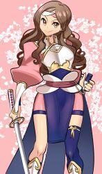 Rule 34 | 1girl, armor, asymmetrical legwear, brown eyes, brown hair, fire emblem, fire emblem fates, hana (fire emblem), headband, highres, holding, holding sword, holding weapon, japanese armor, japanese clothes, katana, long hair, looking at viewer, missandydandy, nintendo, samurai, smile, solo, sword, weapon