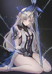 1girl absurdres artist_name black_background black_gloves blush breasts chascoby crown_of_thorns eyebrows_hidden_by_hair eyes_visible_through_hair fleurdelys_(wuthering_waves) gloves highres holding holding_sword holding_weapon horns huge_weapon large_breasts long_hair looking_at_viewer pointy_ears seiza sideboob single_horn sitting solo sword thighs thorns very_long_hair weapon wuthering_waves