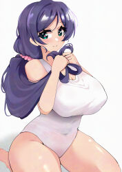 1girl alternate_hairstyle aqua_eyes bare_arms bare_legs blush breasts cleavage closed_mouth covered_navel grabbing_own_hair grey_background hair_between_eyes highres huge_breasts large_breasts long_hair looking_at_viewer love_live! love_live!_school_idol_project one-piece_swimsuit pisagi purple_hair sidelocks simple_background sitting smile solo swimsuit thick_thighs thighs tojo_nozomi very_long_hair wariza white_one-piece_swimsuit