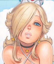 1girl blonde_hair choker cloud collarbone commentary criss-cross_halter crown earrings english_commentary hair_over_one_eye halterneck head_tilt highres jewelry long_hair looking_at_viewer mario_(series) nintendo omar_dogan one_eye_covered parted_lips pink_lips portrait rosalina sidelocks sky solo star_(symbol) star_choker star_earrings super_star_(mario)