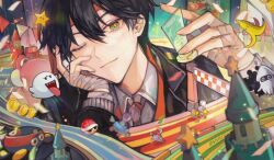 Rule 34 | 1boy, banana peel, bandaged hand, bandages, biddybuggy, black jacket, blooper (mario), boo (mario), bunting, castle, closed mouth, coin, collared shirt, commentary request, crossover, head rest, headband, highres, jacket, kenmochi touya, looking at viewer, male focus, mario (series), mario kart, nijisanji, nintendo, one eye closed, pennant, red headband, red shell (mario), red yoshi, shirt, solo, string of flags, super star (mario), tsuta1218, upper body, virtual youtuber, yoshi
