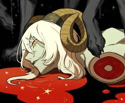 1girl amputee black_background blonde_hair blood colored_eyelashes drooling highres long_hair momomo_906 original parted_lips ringed_eyes saliva solo star_(symbol) upper_body yellow_eyes