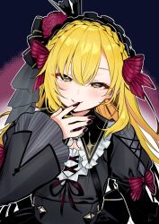 1boy black_background black_bow black_crown black_dress black_hairband blonde_hair bow braid cr-r crossdressing crown crown_braid dress fingernails flower frilled_hairband frills gradient_background green_eyes hair_between_eyes hairband half-closed_eyes hand_up head_tilt juliet_sleeves long_fingernails long_hair long_sleeves looking_at_viewer male_focus mini_crown nail_polish nijisanji official_alternate_costume parted_lips puffy_sleeves red_background red_bow red_flower red_nails red_rose rose sleeve_bow smile solo standing straight_hair striped_bow trap upper_body uzuki_kou uzuki_kou_(4th_costume) virtual_youtuber white_background wide_sleeves
