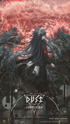 1girl armband black_eyes black_hair black_jacket black_nails black_skirt chain closed_mouth commentary_request ear_piercing earrings english_text floating_hair gun highres holding holding_gun holding_weapon inverted_cross_earrings jacket jewelry long_hair long_sleeves nail_polish ocean original piercing red_water scope sidelocks skirt solo very_long_hair weapon yurika-r