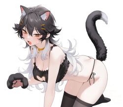 1girl all_fours animal_ear_fluff animal_ears animal_hands bell black_bra black_hair black_panties blush bra breasts cat_cutout cat_ears cat_girl cat_lingerie cat_tail cleavage cleavage_cutout clothing_cutout gloves goddess_of_victory:_nikke gradient_hair hair_ornament highres jingle_bell k_(nikke) large_breasts looking_at_viewer meme_attire multicolored_hair neck_bell ohisashiburi open_mouth orange_eyes panties paw_pose side-tie_panties simple_background solo tail thighhighs underwear underwear_only white_background white_hair