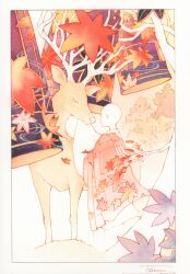 Rule 34 | 1girl, animal, antlers, autumn, autumn leaves, bald, bald female, bell, border, buddhist nun, card (medium), closed eyes, commentary, deer, falling leaves, hanafuda, highres, horns, kesa, leaf, maple leaf, original, painting (medium), robe, s.tokimura, signature, solo, standing, traditional media, tree, watercolor (medium), white border, white robe