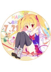 Rule 34 | 1girl, absurdres, black thighhighs, blush, boots, food, happy birthday, highres, irotoridori no sekai, long hair, looking at viewer, miniskirt, nikaidou shinku, official style, open mouth, pancake, panties, pantyshot, red eyes, red ribbon, red skirt, ribbon, sailor collar, sitting, skirt, smile, solo, takakura, thighhighs, two side up, underwear, white panties