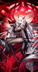 Rule 34 | 1girl, absurdres, arm support, artist name, black dress, bodystocking, breasts, cleavage, commentary request, dress, eye hair ornament, eye symbol, eyes on wings, floating hair, full body, genshin impact, glowing, gradient background, hair between eyes, hair intakes, hand up, high heels, highres, invisible chair, large breasts, legs, light particles, light trail, long hair, looking at viewer, parted lips, red background, red wings, ronova (genshin impact), see-through cleavage, see-through clothes, sheya, sidelocks, sitting, solo, sparkle, symbol-shaped pupils, thighs, very long hair, white hair, wings, yellow eyes