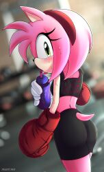 1girl amy_rose artist_name axasempai body_fur boxing_gloves eyelashes furry furry_female green_eyes gym headband hedgehog highres looking_back pink_fur pink_hair short_tail solo sonic_(series) sports_bra sports_drink sportswear sweat tail