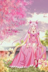 1girl bishoujo_senshi_sailor_moon bishoujo_senshi_sailor_moon_r bow breasts cherry_blossoms cherry_hair_ornament chibi_usa cleavage closed_eyes cloud cloudy_sky collarbone cone_hair_bun double_bun dress earrings flower_earrings food-themed_hair_ornament hair_bun hair_ornament high_heels highres jewelry koya long_hair long_sleeves medium_breasts outdoors pink_dress pink_hair red_eyes red_shoes shoes side_slit sitting sky twintails