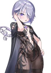 1girl alternate_costume alternate_hairstyle black_dress blush chest_jewel chronopattern_dress dress gem grey_hair gurumie highres hololive hololive_english jewel_under_eye koseki_bijou meme_attire navel open_mouth purple_eyes purple_nails short_hair simple_background solo virtual_youtuber white_background