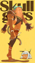 1girl animal_ears bag belt black_panties blue_bra blunt_bangs bob_cut bra breasts breasts_apart cat_ears cat_tail dark-skinned_female dark_skin fingerless_gloves fingernails gloves headless ms._fortune_(skullgirls) navel no_bra nose_bubble panties revealing_clothes satchel scar scar_on_foot scar_on_leg sharp_fingernails short_hair skullgirls standing standing_on_one_leg tail toe_claws underboob underwear white_hair yuza