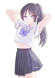 1girl arms_up black_hair blue_skirt blush bow bowtie breasts hondahiro long_hair looking_at_viewer midriff midriff_peek navel original pleated_skirt ponytail purple_eyes sailor_collar school_uniform shirt short_sleeves simple_background skirt solo white_background white_sailor_collar white_shirt