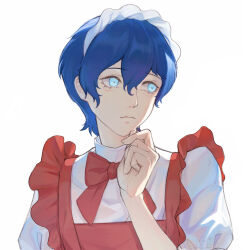 1boy blue_eyes blue_hair cat character_request highres liw looking_to_the_side maid maid_headdress male_focus morgana_(league_of_legends) morgana_(persona_5) morgana_(school_girl_strikers) persona persona_5 portrait solo white_background