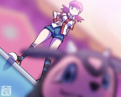 Rule 34 | 1girl, ;), blue shorts, blurry, blurry foreground, closed mouth, full body, gen 2 pokemon, hair ornament, hairclip, hand on own hip, highres, kyonart, looking at viewer, miltank, nintendo, one eye closed, pink eyes, pink hair, pokemon, pokemon (creature), pokemon hgss, shirt, short shorts, shorts, smile, socks, striped clothes, striped socks, twintails, white shirt, whitney (pokemon)