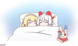 Rule 34 | 2girls, ahoge, animal ears, artist name, blanket, blonde hair, bow, closed eyes, creature, gradient background, hairband, hat, highres, long hair, lying, multiple girls, on bed, phoebe (wuthering waves), pillow, rabbit ears, santa hat, shooting star, simple background, sleeping, tenrino, under covers, white hair, white hairband, wuthering waves, yuri, zani (wuthering waves)