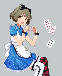 00s 10s 1boy akizuki_ryo apron asymmetrical_legwear brown_eyes brown_hair card checkered_clothes checkered_legwear crossdressing crossdressing_(mtf) dress dressy_alice hair_ribbon heart heart_hands highres idolmaster idolmaster_(classic) idolmaster_2 idolmaster_dearly_stars male_focus playing_card pocket_watch polka_dot polka_dot_dress ribbon simple_background solo spade trap uneven_legwear watch wristband yahiro_(epicopeiidae)