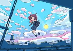 1girl 1nupool :o ahoge backlighting bag bag_charm blazer blue_sky blush_stickers bread_slice brown_eyes brown_hair building charm_(object) city cityscape cloud cloudy_sky diffraction_spikes dot_nose eating fantasy floating food food_bite food_on_face from_side gradient_sky hair_ornament hairclip hand_up highres holding holding_food jacket jam kneehighs knees_together_feet_apart leg_up lens_flare light_rays loafers long_sleeves looking_at_viewer looking_to_the_side necktie no_pupils open_mouth original outdoors outstretched_arm pink_sky pleated_skirt power_lines purple_sky railing red_necktie scenery school_bag school_uniform shoes shoulder_bag silhouette skirt sky socks solo sparkle sun sunbeam sunlight toast twilight utility_pole water_tank water_tower white_socks wide_shot wing_collar