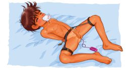 1boy anal anal_object_insertion arched_back arms_behind_back barefoot bdsm bed_sheet blush bondage bound censored closed_eyes erection forced foreskin gag highres holding_legs lying male_focus male_penetrated mosaic_censoring muscular nipples nude object_insertion on_back penis phimosis rape rope sex_toy short_hair shota slave solo spread_legs spreader_bar stuffed_gag takenokoya tan tanline tears twitch vibrator
