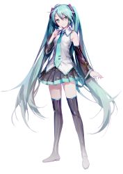 1girl absurdres aqua_eyes aqua_hair black_boots black_thighhighs boots detached_sleeves female_focus full_body hatsune_miku headset highres long_hair necktie sketch skirt solo thigh_boots thighhighs twintails very_long_hair vocaloid white_background yyb zettai_ryouiki