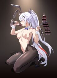 1girl absurdres animal_ears black_leotard black_pantyhose blue_bow blue_bowtie bow bowtie breasts brown_background call_bell carrot censored chastity_cage cleavage cum cum_on_body earrings erection facial fake_animal_ears fellatio full_body hair_ornament headband high_heels highres holding honkai_(series) honkai_impact_3rd huiqian jewelry kiana_kaslana kiana_kaslana_(herrscher_of_flamescion) leotard licking licking_penis metal_chastity_cage open_mouth oral pantyhose penis penis_grab playboy_bunny ponytail rabbit_ears revealing_chastity_cage solo tongue tongue_out wrist_cuffs