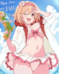 1girl ;d absurdres ballardiae1007 bikini bikini_skirt blonde_hair blue_sky bow bow_bikini breasts brown_eyes cloud cloudy_sky commentary_request cowboy_shot djeeta_(granblue_fantasy) english_text finger_on_trigger flower granblue_fantasy hair_flower hair_ornament hairband highres holding holding_water_gun jacket jacket_over_swimsuit large_breasts navel one_eye_closed open_clothes open_jacket open_mouth pink_bow pink_flower pink_hairband pink_trim shading_eyes short_hair sky smile solo stomach swimsuit underboob water_gun white_bikini white_jacket