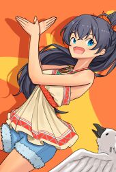 1girl ahoge antenna_hair aqua_eyes armpits bare_shoulders bird black_hair breasts collarbone denim denim_shorts eyelashes fang female_focus from_side ganaha_hibiki hair_between_eyes happy high_ponytail highres horskaman idolmaster idolmaster_(classic) jewelry legs long_hair looking_at_another loose_clothes loose_shirt medium_breasts namco neck necklace open_mouth own_hands_together ponytail shadow shirt short_shorts shorts sidelocks sleeveless sleeveless_shirt spaghetti_strap standing tan thighs wide_ponytail