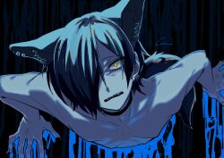 Rule 34 | 1boy, animal ears, black background, black choker, blood, blue blood, blue hair, chino (sky tanosi), choker, commentary request, dog boy, dog ears, dog tail, fingernails, hair over one eye, highres, looking at viewer, male focus, original, sharp fingernails, short hair, slit pupils, solo, tail, upper body, yellow eyes
