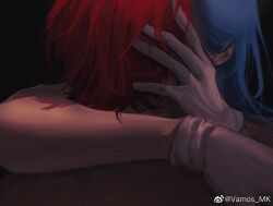 2boys black_background blue_hair buggy_the_clown close-up commentary_request gloves hand_on_another&#039;s_head hug kiss long_hair male_focus multiple_boys one_piece red_hair shanks_(one_piece) short_hair signature vamos_mk white_gloves yaoi