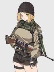 1girl absurdres bags_under_eyes battle_rifle beanie black_gloves black_shorts blonde_hair breasts brown_eyes chest_rig closed_mouth fingerless_gloves fn_fal gar32 gloves gun gun_sling hat highres holding holding_weapon large_breasts long_sleeves medium_hair original rifle shorts solo thigh_strap trigger_discipline weapon