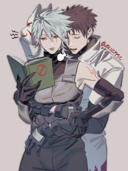 1boy 1girl absurdres black_gloves black_hair book breasts commentary_request eluspac_maru fox_mask genderswap genderswap_(mtf) gloves grey_hair hatake_kakashi hetero heterochromia highres holding holding_book hug hug_from_behind icha_icha_(naruto) konohagakure_anbu_uniform long_sleeves male_focus mask medium_hair mole naruto naruto_(series) open_mouth red_eyes scar scar_across_eye scar_on_face sharingan short_hair spiked_hair tattoo uchiha_obito