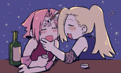 2girls 79x_(ox79xo) blonde_hair blush bottle closed_eyes cup drawing_on_another&#039;s_face drunk haruno_sakura highres holding holding_cup multiple_girls naruto_(series) naruto_shippuuden night open_mouth pink_hair ponytail purple_shirt red_shirt shirt sleeveless sleeveless_shirt table tic-tac-toe yamanaka_ino