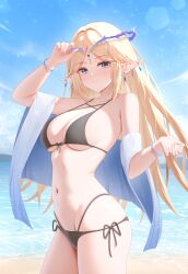 Rule 34 | 1girl, absurdres, beach, bikini, black bikini, blonde hair, blue eyes, blue sky, breasts, cartethyia (wuthering waves), commentary, cowboy shot, crown of thorns, doraski, earrings, groin, highres, jewelry, large breasts, long hair, looking at viewer, multi-strapped bikini bottom, navel, ocean, outdoors, pointy ears, sand, side-tie bikini bottom, sky, smile, solo, swimsuit, tacet mark (wuthering waves), wuthering waves