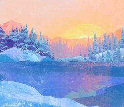 artist_name commentary english_commentary forest frozen_lake ice mountainous_horizon nature no_humans orange_sky original outdoors scenery signature sky snow star_(sky) sun sunrise tree winter zandra