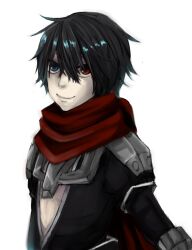 Rule 34 | 1boy, armor, assassin cross (ragnarok online), black hair, black shirt, blue eyes, closed mouth, commentary request, hair between eyes, heterochromia, highres, long bangs, looking at viewer, male focus, meiko (nattu303), pauldrons, ragnarok online, red eyes, red scarf, scarf, shirt, short hair, shoulder armor, simple background, smile, solo, upper body, white background