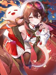 1girl boo_tao_(genshin_impact) brown_hair eyewear_on_head floating_hair flower-shaped_pupils genshin_impact ghost hand_on_own_hip hat highres hu_tao_(cherries_snow-laden)_(genshin_impact) hu_tao_(genshin_impact) leaning_forward long_hair long_sleeves looking_at_viewer masyu_jyaga official_alternate_costume outdoors red_eyes red_skirt skirt symbol-shaped_pupils thighhighs very_long_hair white_hat zettai_ryouiki
