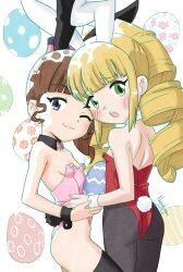 2girls absurdres artist_name ass back bare_shoulders blonde_hair blue_eyes blush bow breasts brown_hair child closed_mouth dated drill_hair easter easter_egg egg flat_chest hair_bow highres leotard looking_at_viewer multiple_girls nanaeljustice one_eye_closed open_mouth original pink_bow pink_leotard playboy_bunny rabbit_ears rabbit_tail red_leotard ringlets side_ponytail simple_background small_breasts smile star_(symbol) swanilda_(nanaeljustice) tamaki_(nanaeljustice) teeth wrist_cuffs