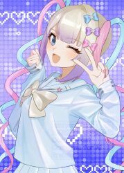 1girl :d absurdres arms_up blonde_hair blue_eyes blue_hair blunt_bangs blush bow chouzetsusaikawa_tenshi-chan cowboy_shot hair_bow heart highres light_blush long_hair long_sleeves miyano_(user_nhea8337) multicolored_hair nail_polish needy_girl_overdose one_eye_closed open_mouth pink_hair purple_hair quad_tails sailor_collar skirt smile tongue v