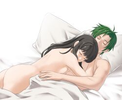 1boy 1girl absurdres ass astrid_(fire_emblem) bed bed_sheet black_hair breast_press breasts closed_eyes commission commissioner_upload completely_nude couple cuddling fire_emblem fire_emblem:_radiant_dawn green_hair hetero highres hug long_hair lying_on_person medium_breasts nintendo non-web_source nude pillow pomelomelon sleeping sothe_(fire_emblem)