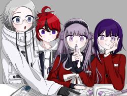 1girl 3boys ahoge aotsuki_eito black_gloves black_hair blush brother_and_sister closed_mouth gloves grey_eyes highres hood hoodie long_sleeves matching_hair/eyes multicolored_eyes multicolored_hair multiple_boys open_mouth pink_eyes pink_hair purple_hair red_eyes red_hair siblings simple_background sumino_takumi the_hundred_line_-last_defense_academy- tsukumo_ima tsukumo_kako twins twintails white_hair