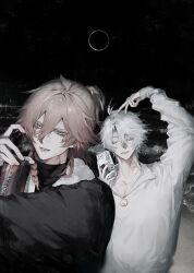 2boys alternate_costume antenna_hair arm_up black_jacket blonde_hair braid can closed_eyes commentary gradient_hair hair_between_eyes hand_up highres holding holding_can holding_phone honkai:_star_rail honkai_(series) jacket long_sleeves looking_at_viewer male_focus medium_hair multicolored_hair multiple_boys mydei_(honkai:_star_rail) night phainon_(honkai:_star_rail) phone red_hair selfie short_hair side_braid sun_symbol sun_tattoo sunset_1830 sweater tan v white_hair white_sweater yellow_eyes