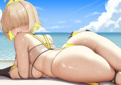 1girl ahoge alternate_costume artist_request ass bare_shoulders bikini blonde_hair blush breast_press breasts elegg_(boom_and_shock)_(nikke) elegg_(nikke) fang from_behind gloves goddess_of_victory:_nikke hair_over_eyes huge_ass large_breasts looking_at_viewer lying on_stomach open_mouth purple_eyes short_hair sideboob smile solo swimsuit thick_thighs thighs thong thong_bikini